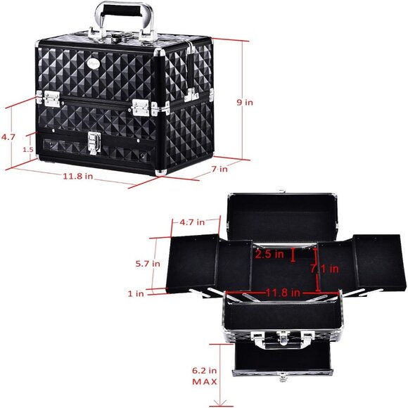 New Black Makeup Train Case with Drawer, Professional Travel Organizer Box - Picture 7 of 7